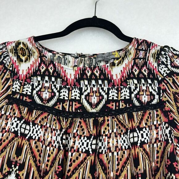 Figueroa Flower Anthropologie Peasant Top Blouse Shirt Crochet Geo Black Pink M - Picture 4 of 10